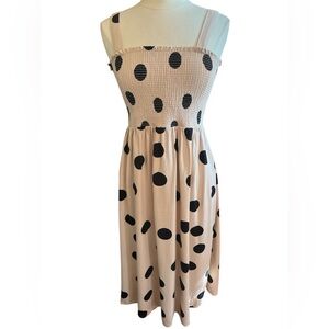 Blu Pepper Cream Maxi Dress w/Black Polka Dots Linen Blend Smocked Bodice Size M